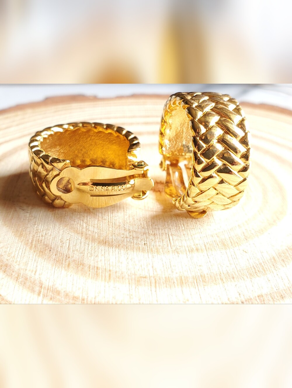 Vtg. Nina Ricci Gold Plate Braided Clip-On Earrings